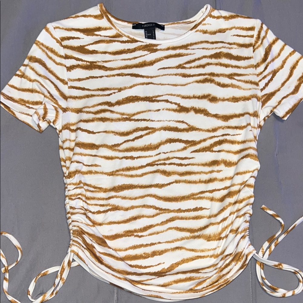 Forever 21 White and Tan Zebra Ruched Side Tee with Ties